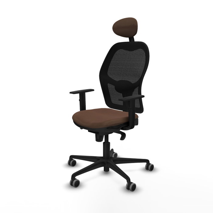 Silla de oficina Jorquera con mecanismo Sincro tapizada con Tela color Marrón oscuro y malla color Negro. Equipada con lumbar 1D, Brazos 1D, Cabecero Fijo y Ruedas 65 mm parqué