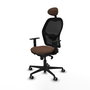Silla de oficina Jorquera con mecanismo Sincro tapizada con Tela color Marrón oscuro y malla color Negro. Equipada con lumbar 1D, Brazos 1D, Cabecero Fijo y Ruedas 65 mm parqué