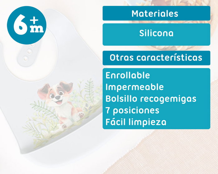 KioKids Babero de Silicona Impermeable Ajustable para Bebé +4 Meses - Motivo Perrito Azul, Lovely Friends