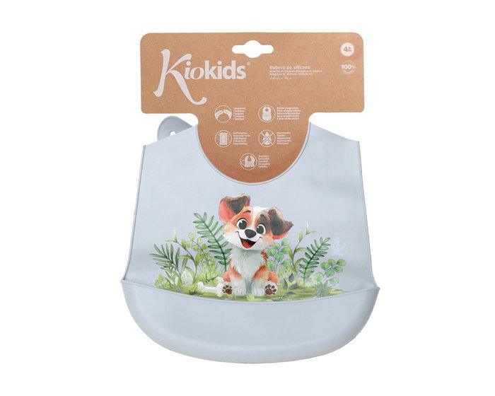 KioKids Babero de Silicona Impermeable Ajustable para Bebé +4 Meses - Motivo Perrito Azul, Lovely Friends