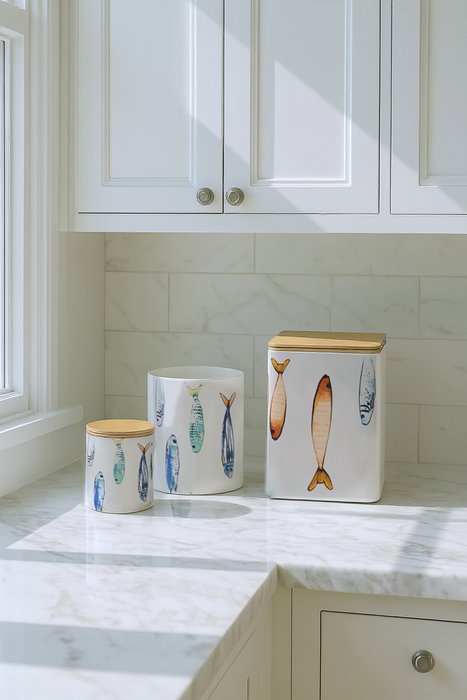 Inde Tarro de Cocina con Tapa de Bambú "Peixe" Ø 13 x 16 cm, Dimensiones 14.2 x 17.2 x 14 cm (24 Unidades)