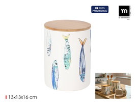 Inde Tarro de Cocina con Tapa de Bambú "Peixe" Ø 13 x 16 cm, Dimensiones 14.2 x 17.2 x 14 cm (24 Unidades)