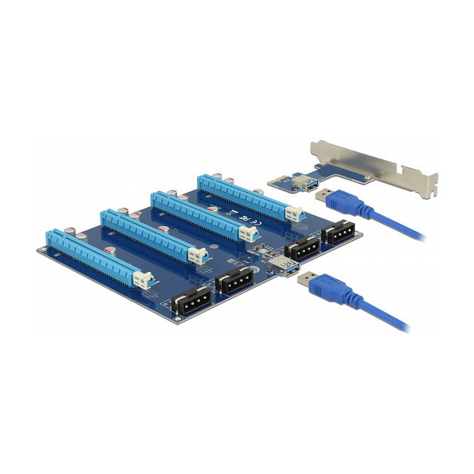 DeLOCK 41427 Tarjeta Riser PCI Express x1 a 4x PCIe x16 con cable USB 60 cm - Controlador Asmedia ASM1184e, Interno, USB 3.2 Gen 1, Azul/Negro