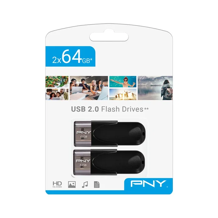PNY Attaché 4 Twin Pack - 2 Unidades de Memoria USB 2.0 de 64 GB, USB Tipo A con Tapa, Negro, Lectura 25 MB/s