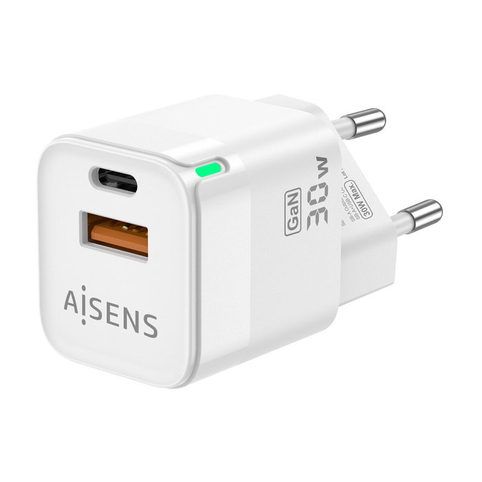 Aisens Cargador GaN 30W con USB-C PD3.0 y USB-A QC3.0, Blanco