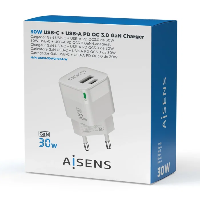Aisens Cargador GaN 30W con USB-C y USB-A, Blanco Aisens Cargador GaN 30W con USB-C y USB-A, Blanco