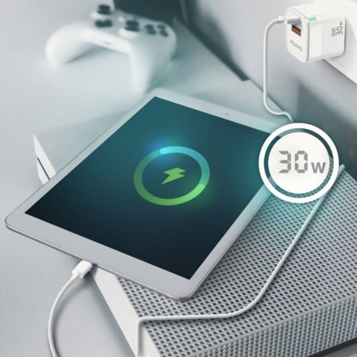 Aisens Cargador GaN 30W con USB-C PD3.0 y USB-A QC3.0, Blanco