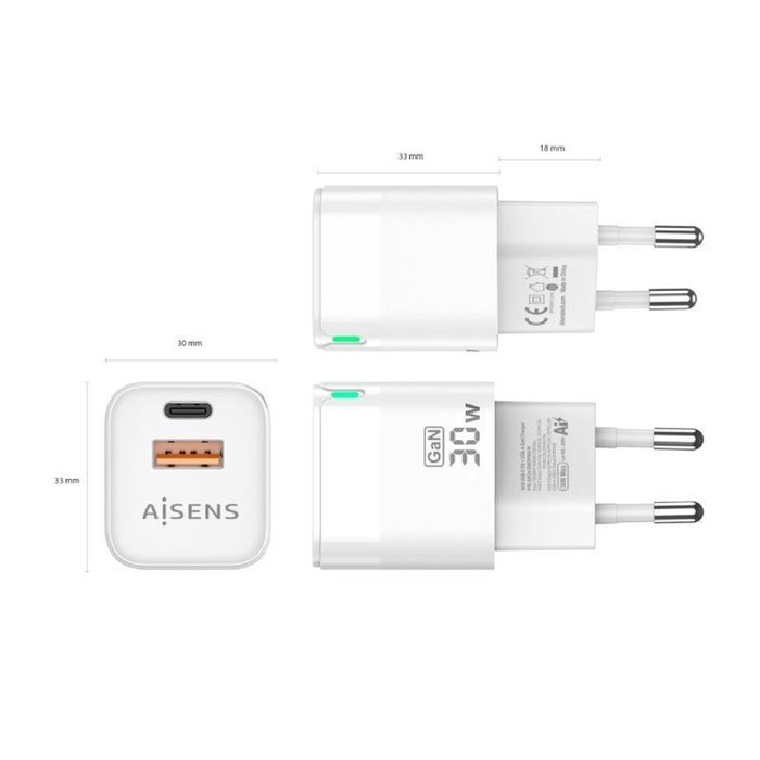 Aisens Cargador GaN 30W con USB-C PD3.0 y USB-A QC3.0, Blanco