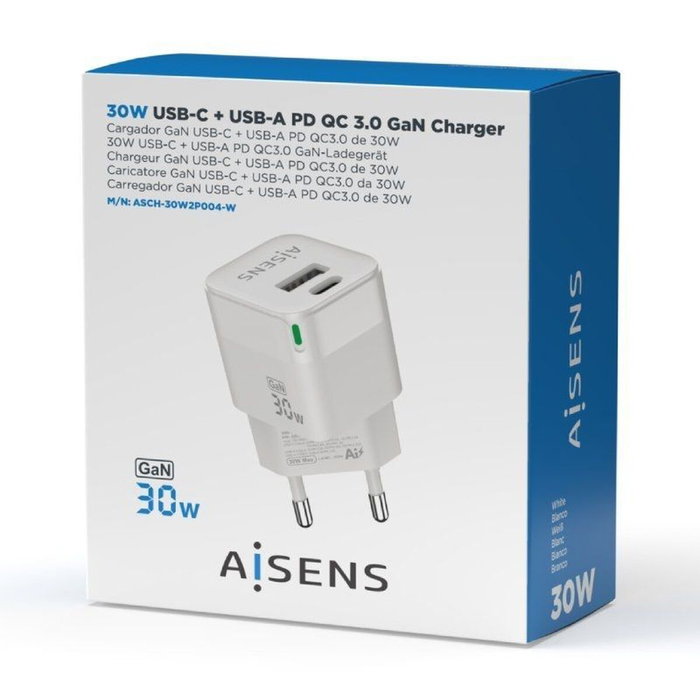 Aisens Cargador GaN 30W con USB-C PD3.0 y USB-A QC3.0, Blanco
