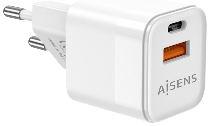 Aisens Cargador GaN 30W con USB-C PD3.0 y USB-A QC3.0, Blanco