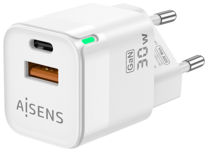 Aisens Cargador GaN 30W con USB-C PD3.0 y USB-A QC3.0, Blanco