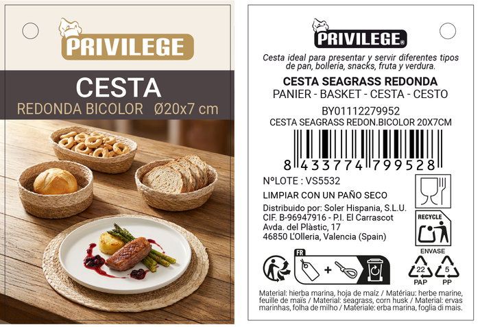 Inde Cesta de Seagrass Redon Bicolor, Cesta o Bandeja Decorativa 20x7 cm, Tejido Natural Privilege (24 Unidades)
