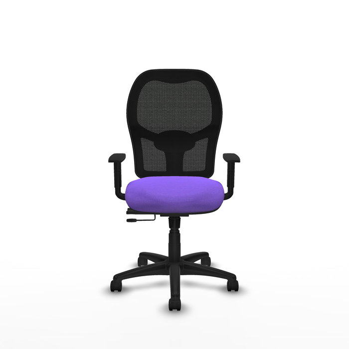 Silla de oficina Alocén con mecanismo Sincro/Traslack tapizada con Tela color Lila y malla color Negro. Equipada con lumbar 1D, Brazos 1D y Ruedas de nailon 50 mm