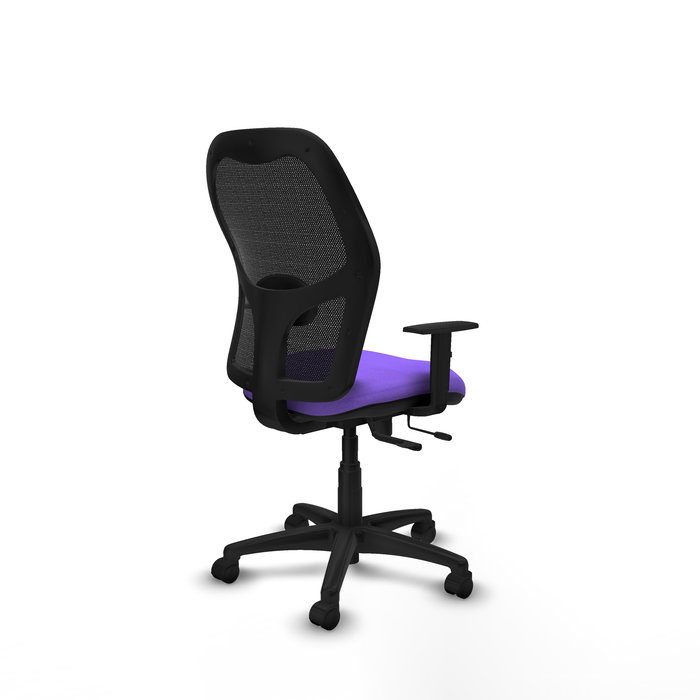 Silla de oficina Alocén con mecanismo Sincro/Traslack tapizada con Tela color Lila y malla color Negro. Equipada con lumbar 1D, Brazos 1D y Ruedas de nailon 50 mm