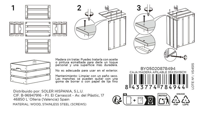 Confortime Caja Madera Apilable 35 x 25 x 18 cm (4 Unidades)