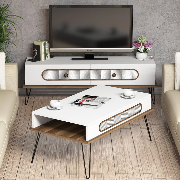 Ekol White Mueble de Salón con Mesa de Centro y TV Estilo Chevron Blanco 145cm Elegante Duradero Melamina Patas Metal