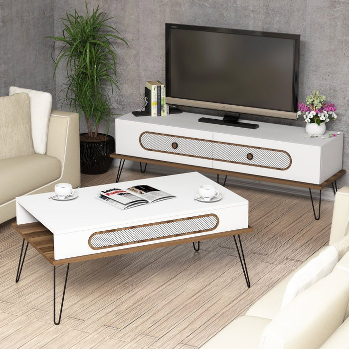 Ekol White Mueble de Salón con Mesa de Centro y TV Estilo Chevron Blanco 145cm Elegante Duradero Melamina Patas Metal
