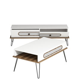 Ekol White Mueble de Salón con Mesa de Centro y TV Estilo Chevron Blanco 145cm Elegante Duradero Melamina Patas Metal