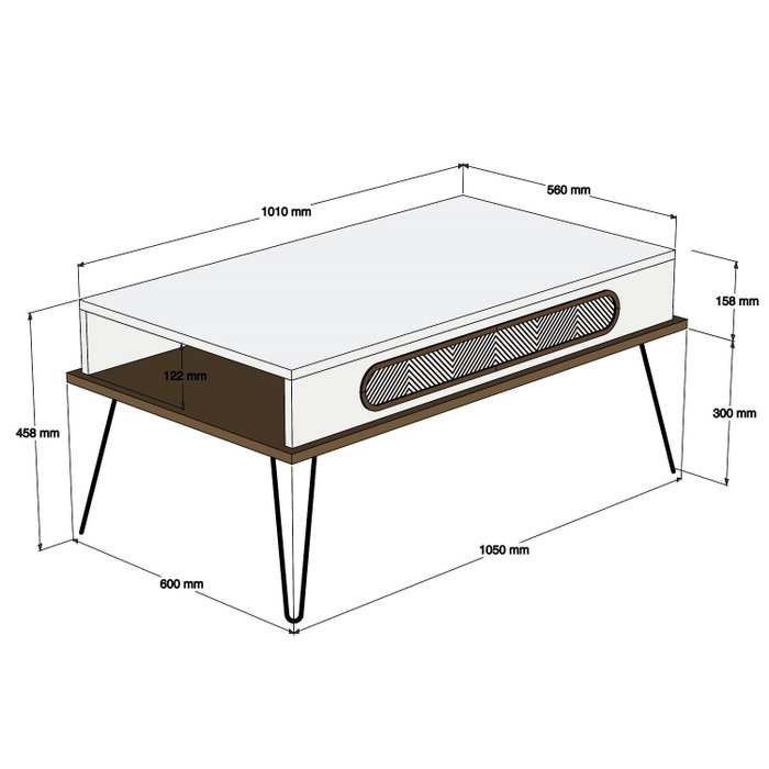 Ekol White Mueble de Salón con Mesa de Centro y TV Estilo Chevron Blanco 145cm Elegante Duradero Melamina Patas Metal