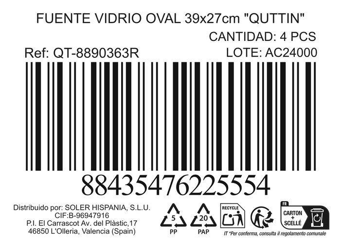 Quttin Fuente Vidrio Oval 39 x 27 cm (4 Unidades)