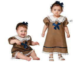 Disfraz Muñeca Bebé con Vestido Marrón, Encaje y Lazos Azules para 24 Meses