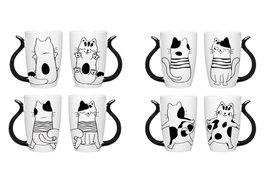 DKD Home Decor Mug Scandi Negro Blanco Porcelana New Bone Gatos 8.2 x 12 x 11 cm (12 Unidades)