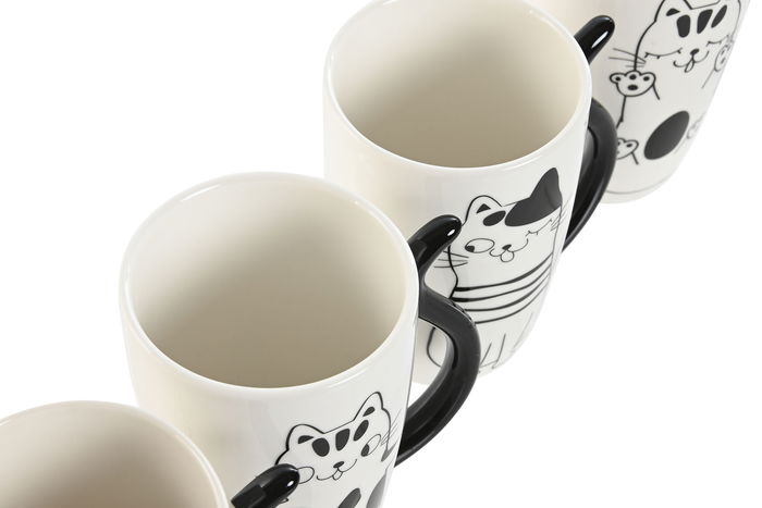 DKD Home Decor Mug Scandi Negro Blanco Porcelana New Bone Gatos 8.2 x 12 x 11 cm (12 Unidades)