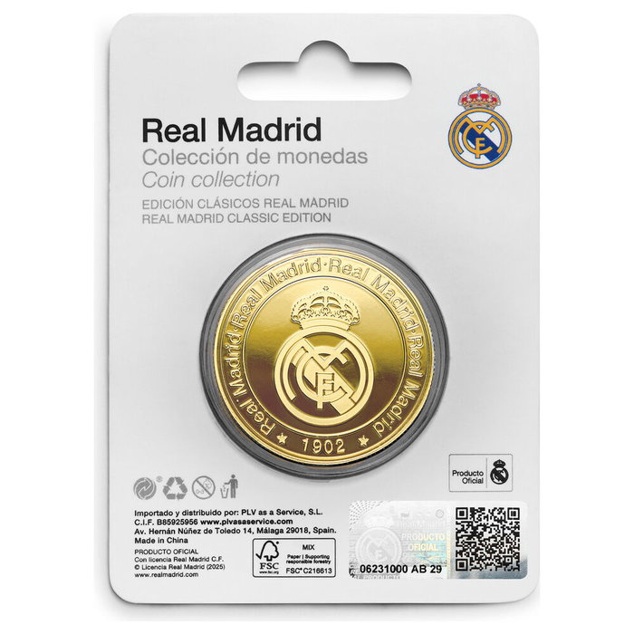 REAL MADRID Moneda One Color One Club Oficial Real Madrid, Aleación Zamak Acabado Dorado con Grabado en Relieve, en Cápsula Acrílica y Caja de Coleccionista, Ø 4 cm