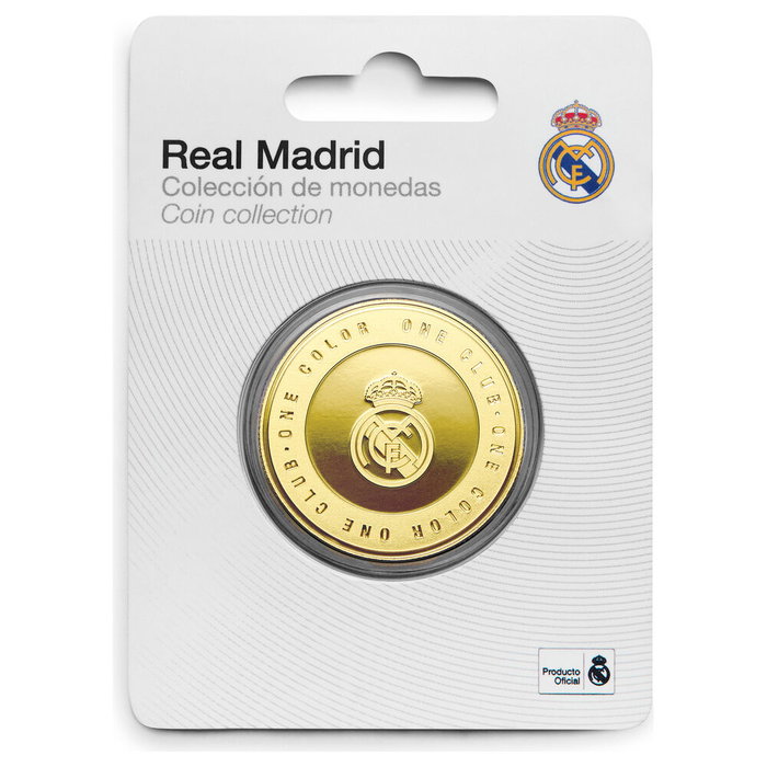 REAL MADRID Moneda One Color One Club Oficial Real Madrid, Aleación Zamak Acabado Dorado con Grabado en Relieve, en Cápsula Acrílica y Caja de Coleccionista, Ø 4 cm