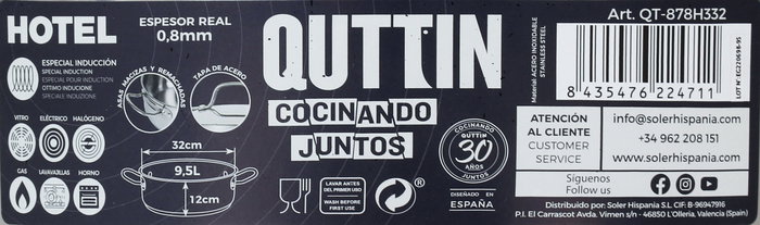 Quttin Cacerola con Tapa Acero Inoxidable 32 cm, 0.8 mm, 9.5 L (2 Unidades)