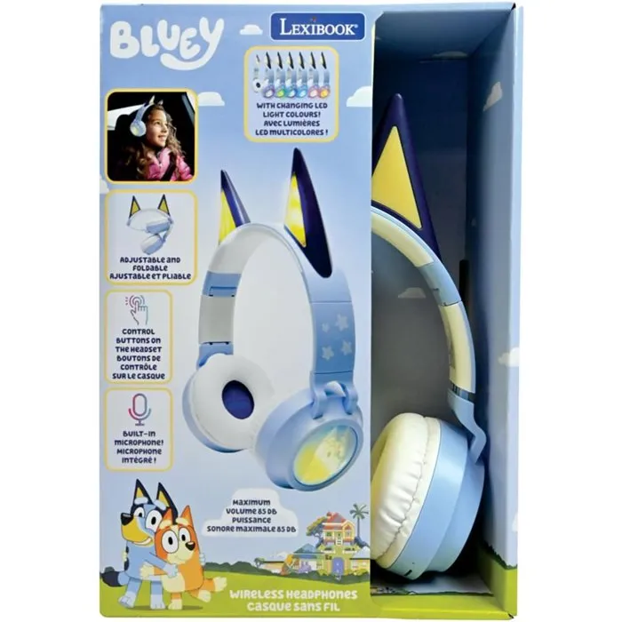 Lexibook Auriculares LEX3380743113388 para Niños, Bluetooth y Cable, Plegables, Con Iluminación y Diseño del Universo 3D Bluey, Limitador de Volumen
