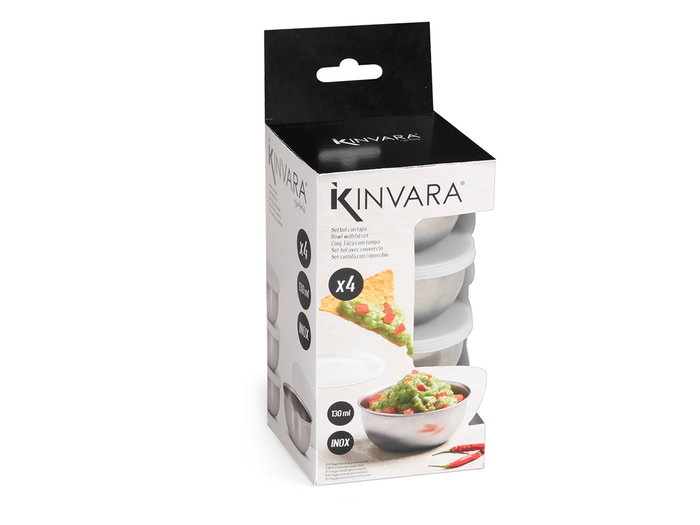 Kinvara Set 4 Boles Con Tapa 130ml 9x21.5x9cm Metal SS304 Plastico PE Plata (Set de 12)