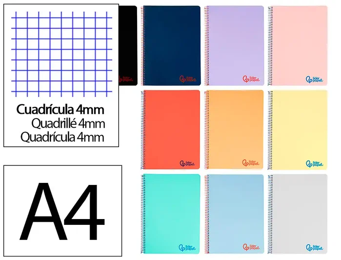 Liderpapel Cuaderno espiral A4 Wonder 80 hojas 90g cuadro 4mm colores surtidos Liderpapel Cuaderno espiral A4 Wonder 80 hojas 90g cuadro 4mm colores surtidos