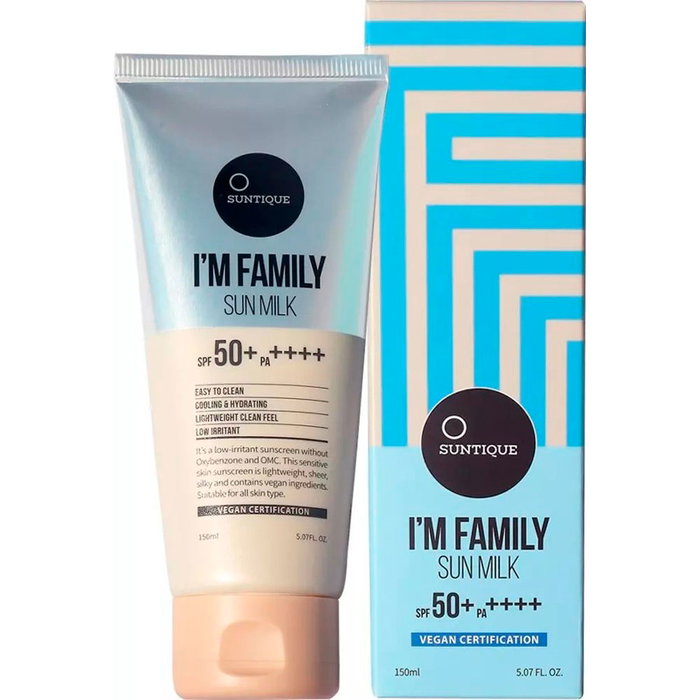 Suntique I'M FAMILY Sun Milk Protector Solar SPF50+ 150 ml - Textura Ligera, Vegano, con Niacinamida y Houttuynia Cordata para Hidratación y Protección