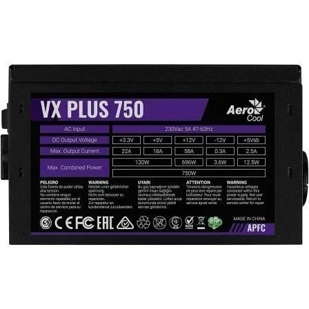 Aerocool Vx Plus 750W Atx Psu, 12C Silent Pwm Fan, Opp/Ovp/Uvp/Scp Protection, High Efficiency, 2X Pci-E 6+2Pin