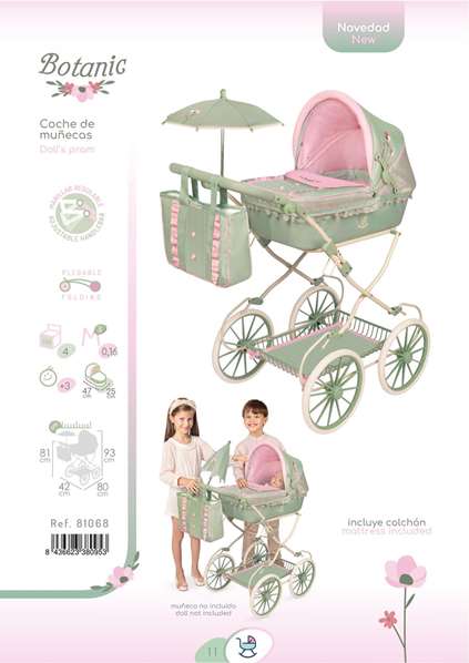 BebéDue Carriola de Muñeca Plegable con Sombrilla y Bolso, para Muñecas de Hasta 48 cm, Coches para Niñas, Dimensiones 93x80x42 cm