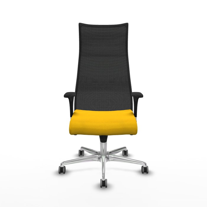 Sillón Albacete con mecanismo Sincro tapizada con Tela color Amarillo y malla color Negro. Equipado con Base aluminio, Brazos 1D y Ruedas 65 mm parqué