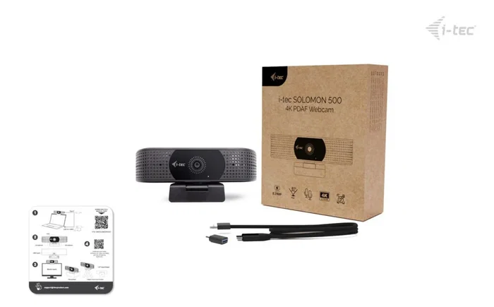i-tec SOLOMON 500 Cámara Web 4K Ultra HD 8.29MP con Autofoco PDAF, Plug & Play USB, 2 Micrófonos, Negro - Ideal para Videoconferencias y Presentaciones