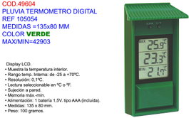 PLUVIA Termómetro Digital 135x80 mm Verde Max/Min