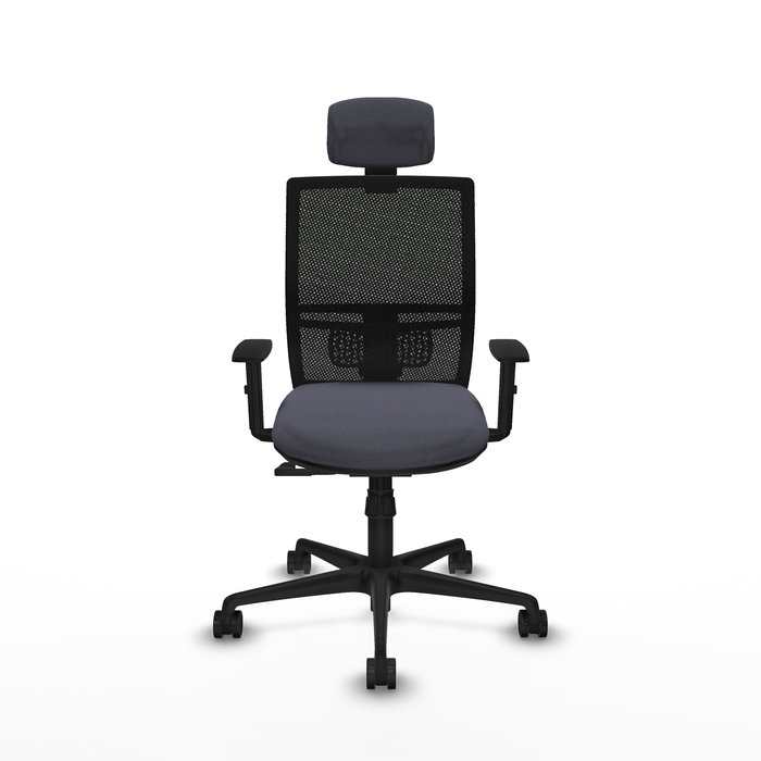 Silla de oficina Yunquera con mecanismo Sincro tapizada con Tela color Gris oscuro y malla color Negro. Equipada con lumbar 1D, Brazos 1D, Cabecero 1D y Ruedas 65mm nailon