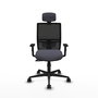 Silla de oficina Yunquera con mecanismo Sincro tapizada con Tela color Gris oscuro y malla color Negro. Equipada con lumbar 1D, Brazos 1D, Cabecero 1D y Ruedas 65mm nailon