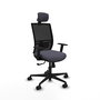 Silla de oficina Yunquera con mecanismo Sincro tapizada con Tela color Gris oscuro y malla color Negro. Equipada con lumbar 1D, Brazos 1D, Cabecero 1D y Ruedas 65mm nailon