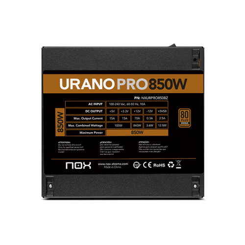 NOX Urano PRO 850W Bronze ATX NXURPRO850BZ Unidad de Fuente de Alimentación Negro NOX Urano PRO 850W Bronze ATX NXURPRO850BZ Unidad de Fuente de Alimentación Negro