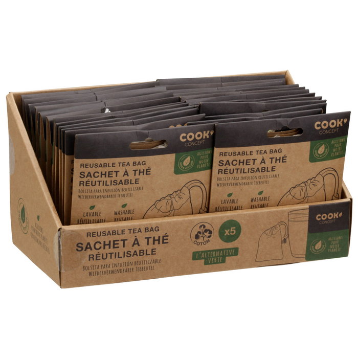 Cook Concept Juego de 5 Bolsas Reutilizables para Té e Infusiones de Algodón Lavables 5,5x8 cm