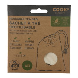 Cook Concept Juego de 5 Bolsas Reutilizables para Té e Infusiones de Algodón Lavables 5,5x8 cm