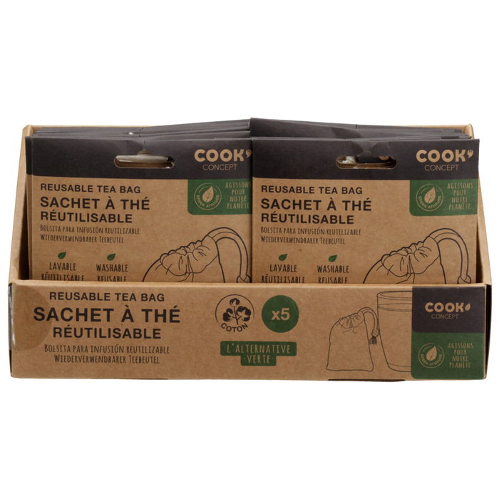 Cook Concept Juego de 5 Bolsas Reutilizables para Té e Infusiones de Algodón Lavables 5,5x8 cm