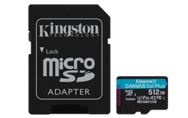 Kingston Tarjeta microSDXC Canvas Go Plus SDCG4/512GB 512 GB, 200 MB/s, A2 U3 V30 con Adaptador SD