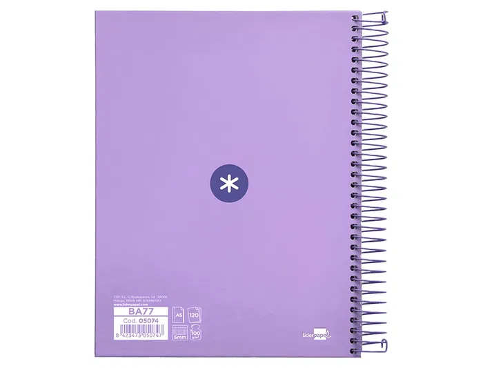 Antartik Cuaderno espiral A5, 120 hojas, 90 gr, cuadro 5mm, tapa forrada, color lavanda