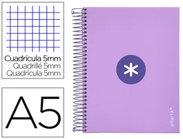 Antartik Cuaderno espiral A5, 120 hojas, 90 gr, cuadro 5mm, tapa forrada, color lavanda
