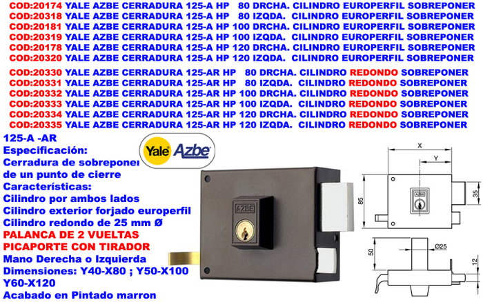 Yale AZBE 125 AR HP Cerradura de Sobreponer Izquierda Yale AZBE 125 AR HP Cerradura de Sobreponer Izquierda
